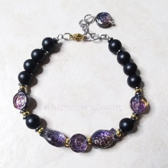 Purple + Black Iridescent Fish + Stone Beads Bracelet! 7"+ Adjust. Goth + Beachy - Picture 3 of 11